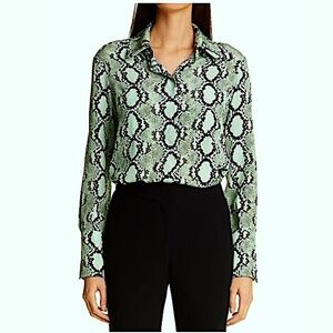 St. John Collection Snakeskin Print Button-Up Silk   In Mint Multi